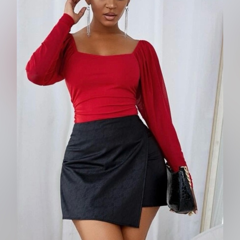 SHEIN Red Mesh Sleeve Crop Top